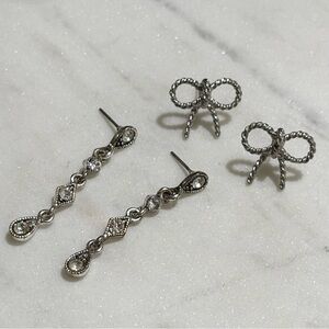 Avon Silver Tone Dangle Drop Rhinestone and Bow Stud Earring Set